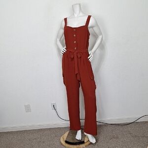 As U Wish "NEW" Juniors' Rust Boho Belted Cargo Jumpsuit Overalls Size L